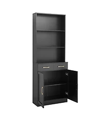 Bathroom Storage Cabinet, Cabinet with Two Doors and Drawers, Adjustable Shelf, Three-layer Open Shelf, Mdf Board, Black