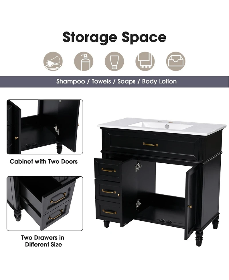Streamdale 36" Bathroom Vanity with Sink, Black Bathroom Cabinet with Drawers, Solid Frame and Mdf Board, One Package