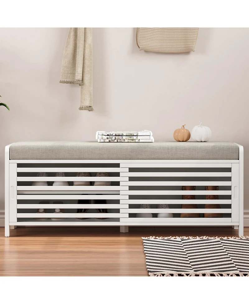 Streamdale Distressed Shutter Storage Bench with Acacia Veneer for Retro Charm for Living Room, Entryway (White)