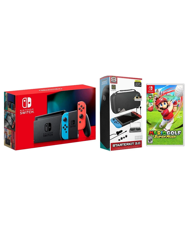 Nintendo Switch 32GB Console Neon Red/Blue Joy-Con Bundle with Surge 11-In-1 Accessory Starter Pack and Mario Golf Super Rush
