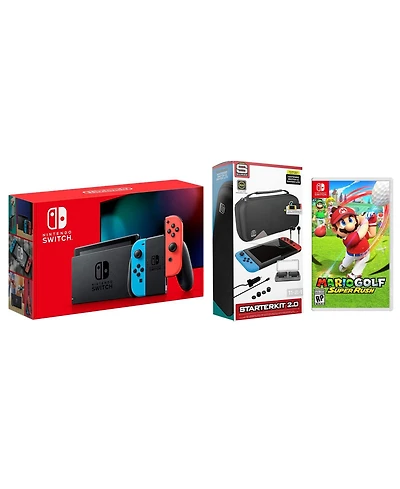 Nintendo Switch 32GB Console Neon Red/Blue Joy-Con Bundle with Surge 11-In-1 Accessory Starter Pack and Mario Golf Super Rush