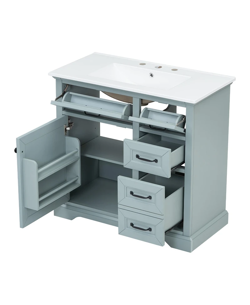Streamdale 36" Bathroom Vanity with Sink, Ceramic Sink, 2 Tip-out Drawers, Soft Close Door Hinges, Grey