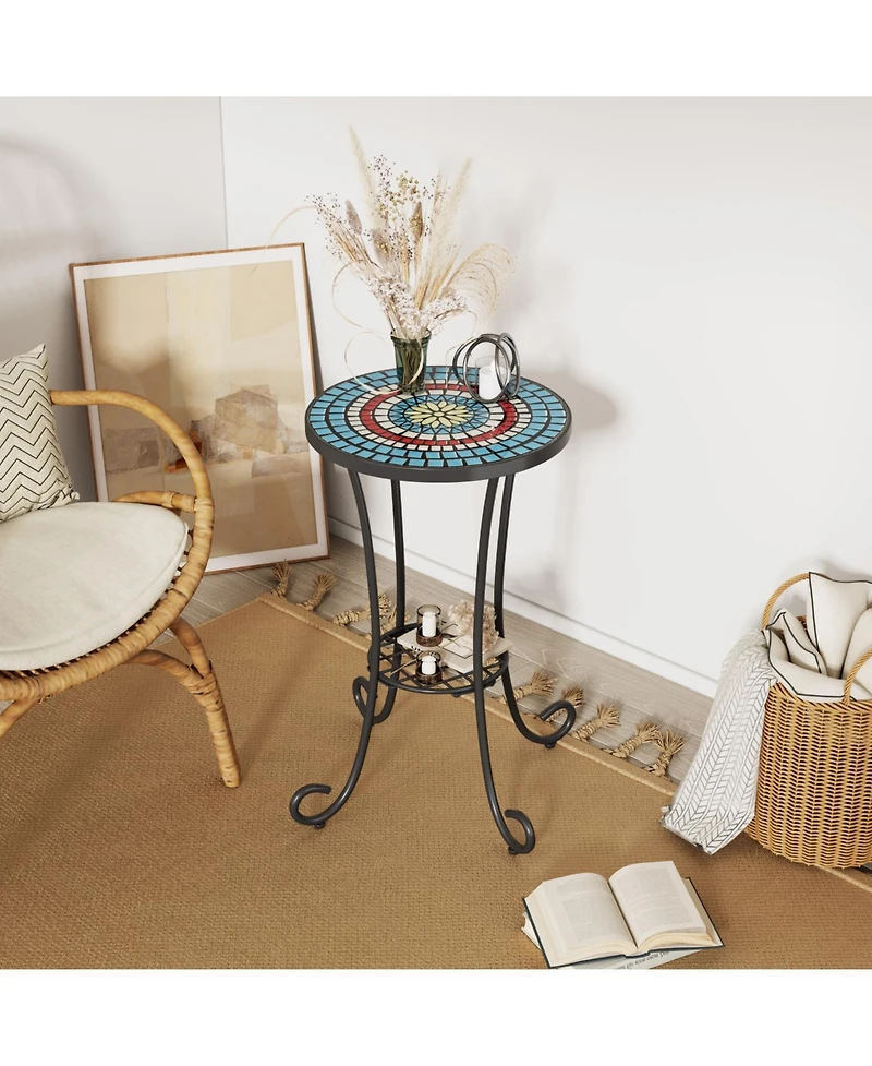 Streamdale Patio Side Table with Shelf,Blue+Black