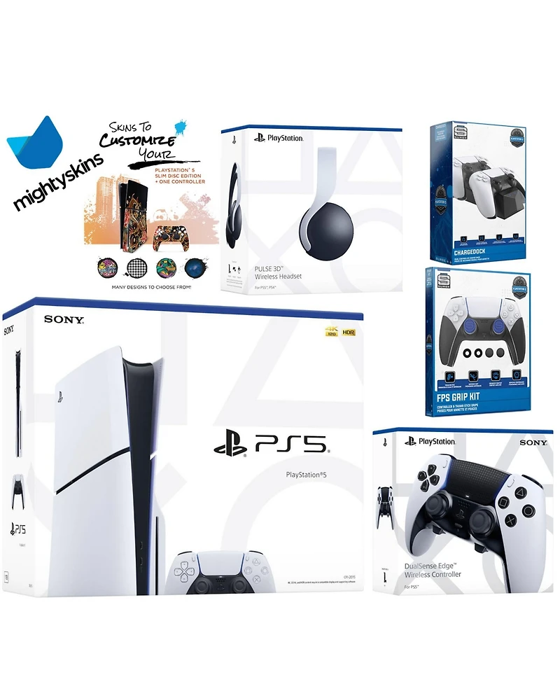 Sony Playstation 5 Slim Disc Bundle with Pulse Headset, Extra Edge Controller, Fps Grip Kit