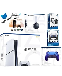 Sony Playstation 5 Slim Disc Bundle with White Pulse Headset, Extra Nova Pink Controller, Fps Grip Kit, Dual Charge Dock and MightySkins Decal Voucher