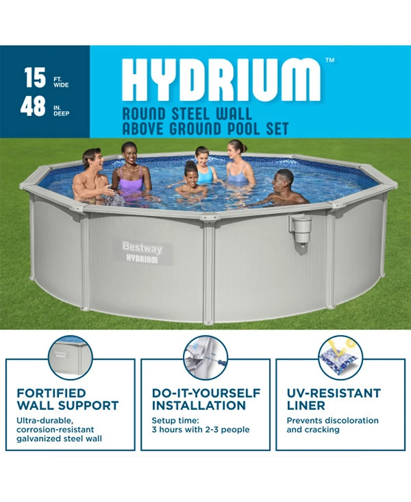 Bestway Hydrium 15' x 48" Round Steel Wall Above Ground Swimming Pool Set, Gray