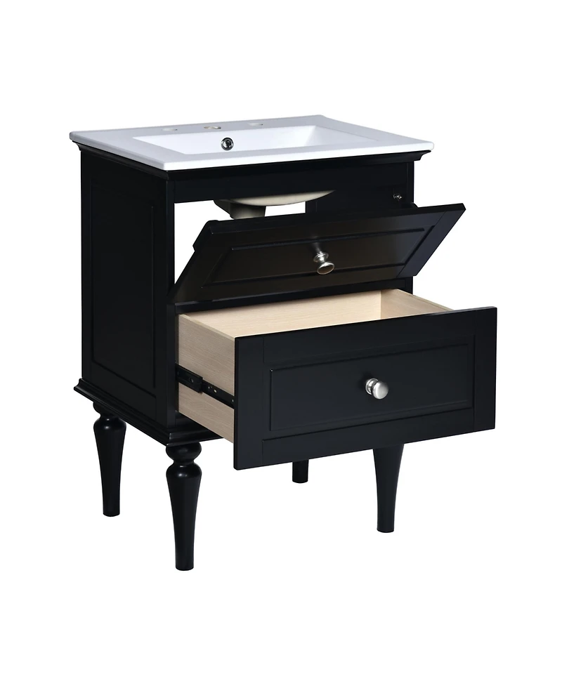 Streamdale 24" Solid Wood Bathroom Vanity Cabinet with Sink and 2 Drawers, Black
