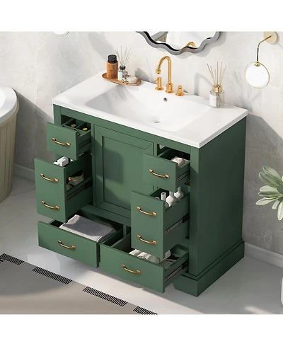 Streamdale 36" Bathroom Vanity with Sink Combo, Six Drawers, Multi-Functional Drawer Divider, Adjustable Shelf, Green