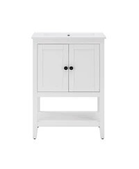 Streamdale 24" White Modern Sleek Bathroom Vanity Elegant Ceramic Sink with Solid Wood Frame Open Style Shelf