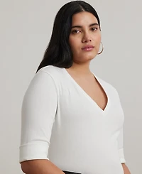 Lauren Ralph Plus Stretch Cotton Elbow-Sleeve V-Neck Tee