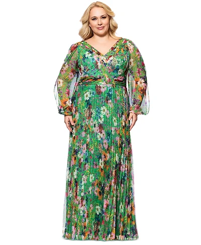 Betsy & Adam Plus Printed Pleated Long-Sleeve Gown
