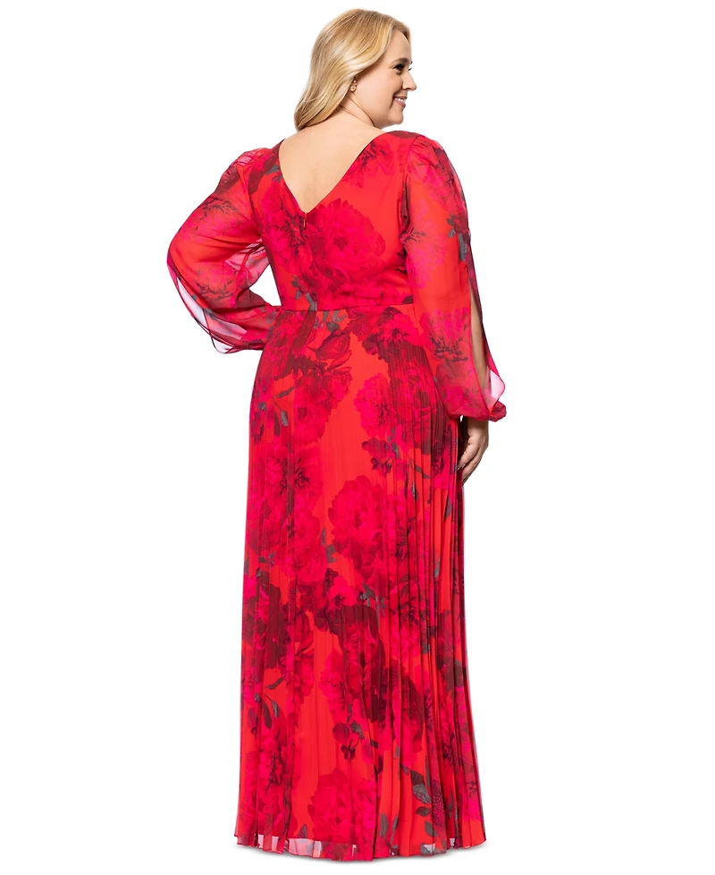 Betsy & Adam Plus Size Printed Pleated Long-Sleeve Gown