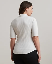 Lauren Ralph Plus Rib-Knit Elbow-Sleeve Polo Tee