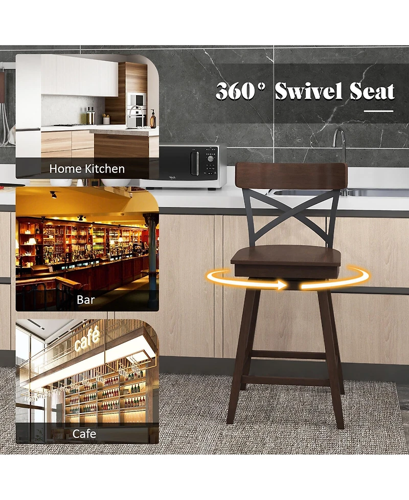 Gymax Set of Wooden Swivel Bar Stools Counter Height Kitchen Chairs w/ Back
