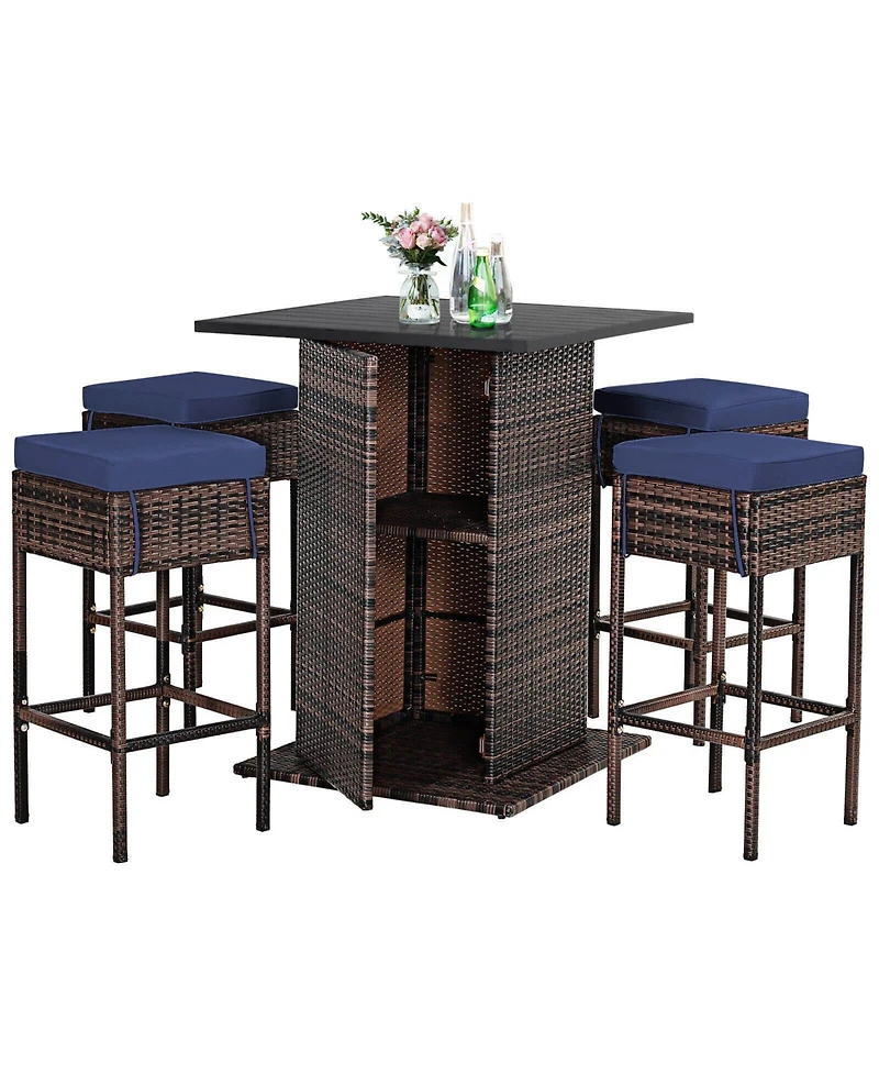 5 Pieces Patio Rattan Bar Furniture Set with Cushions and Hidden Storage Shelf For Outdoor