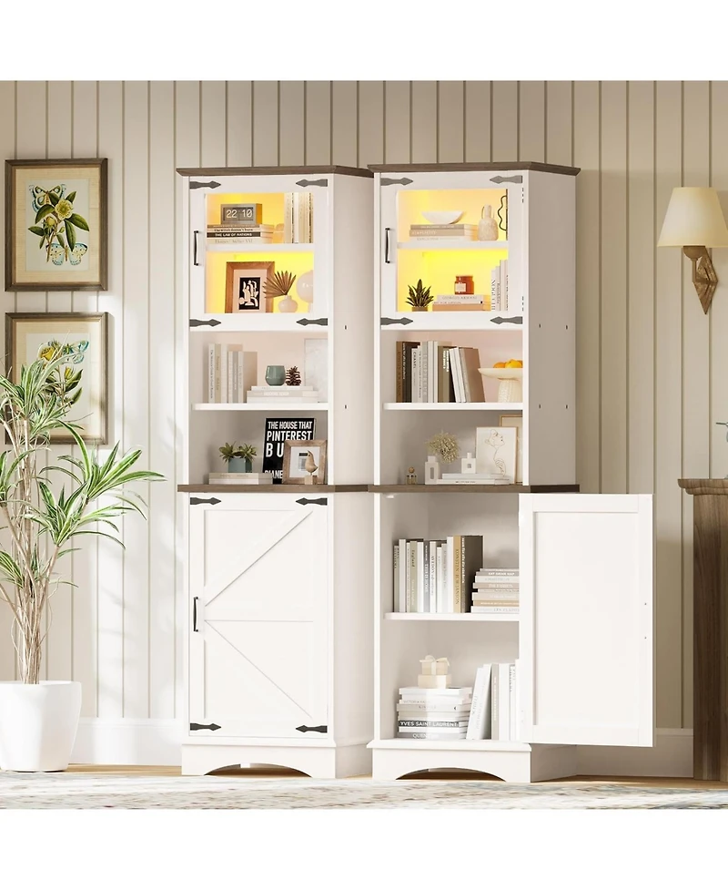 Tall Bathroom Cabinet, Farmhouse Storage Cabinet with Led Lights and Adjustable Shelves