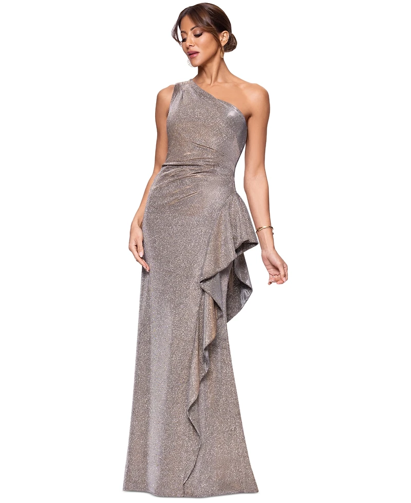 Xscape Women's Glitter Knit One-Shoulder Gown