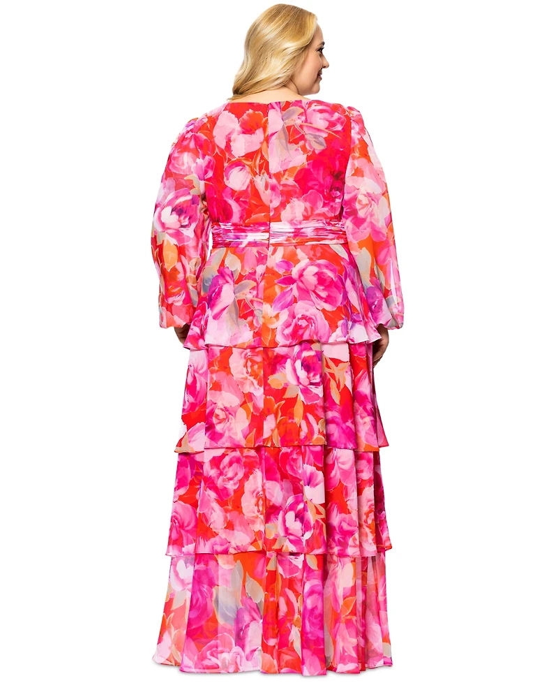 Xscape Plus Printed V-Neck Tiered-Ruffle Chiffon Dress