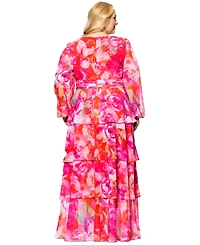 Xscape Plus Printed V-Neck Tiered-Ruffle Chiffon Dress