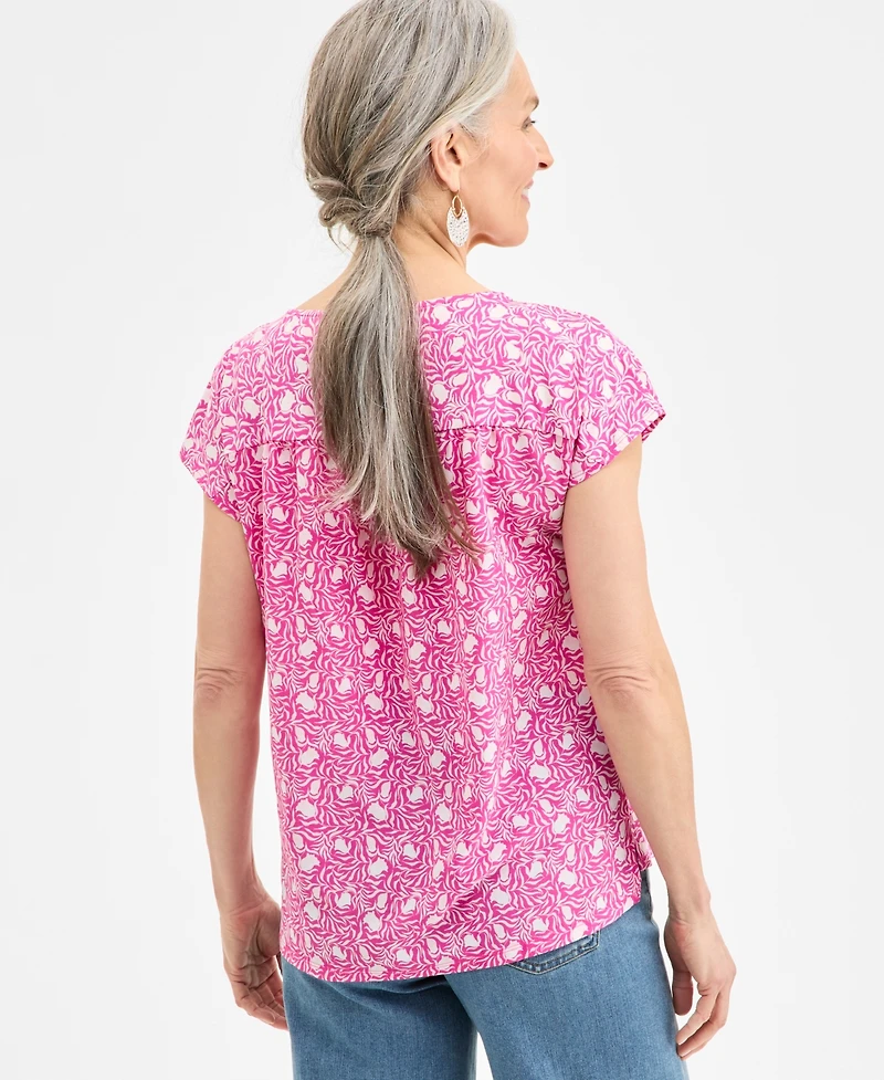 Style & Co Women's Printed Mixed-Media Short-Sleeve Top