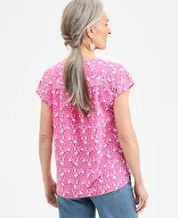 Style & Co Women's Printed Mixed-Media Short-Sleeve Top