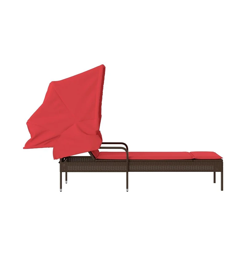 Sun Lounger with Canopy Brown Poly Rattan