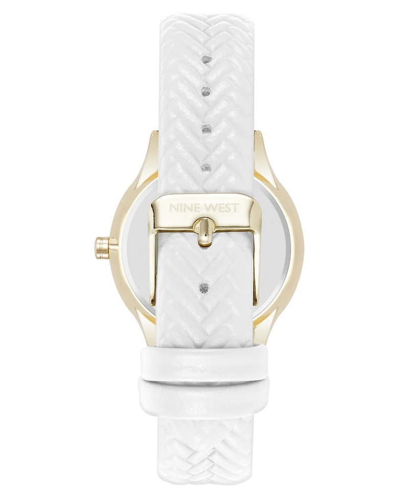Nine West Women's Quartz Boyfriend Gold-Tone and White Polyurethane Leather Band Watch, 35mm