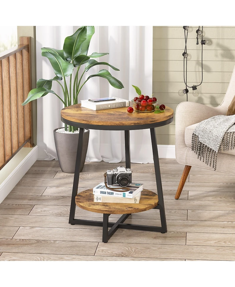 Tribesigns End Table, 2 Tier Round Side Table with Storage Shelf, Industrial Nightstand Bedside Table Coffee Accent Table for Living Room Bedroom Smal