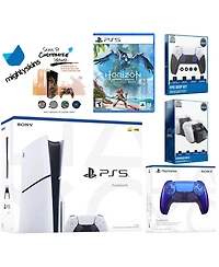 Sony Playstation 5 Slim Disc Bundle with Horizon Forbidden West, Extra Controller, Fps Grip Kit, Dual Charge Dock and MightySkins Decal Voucher