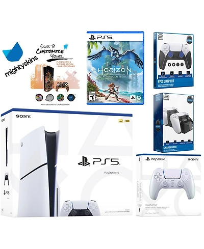 Sony Playstation 5 Slim Disc Bundle with Horizon Forbidden West, Extra Controller, Fps Grip Kit, Dual Charge Dock and MightySkins Decal Voucher