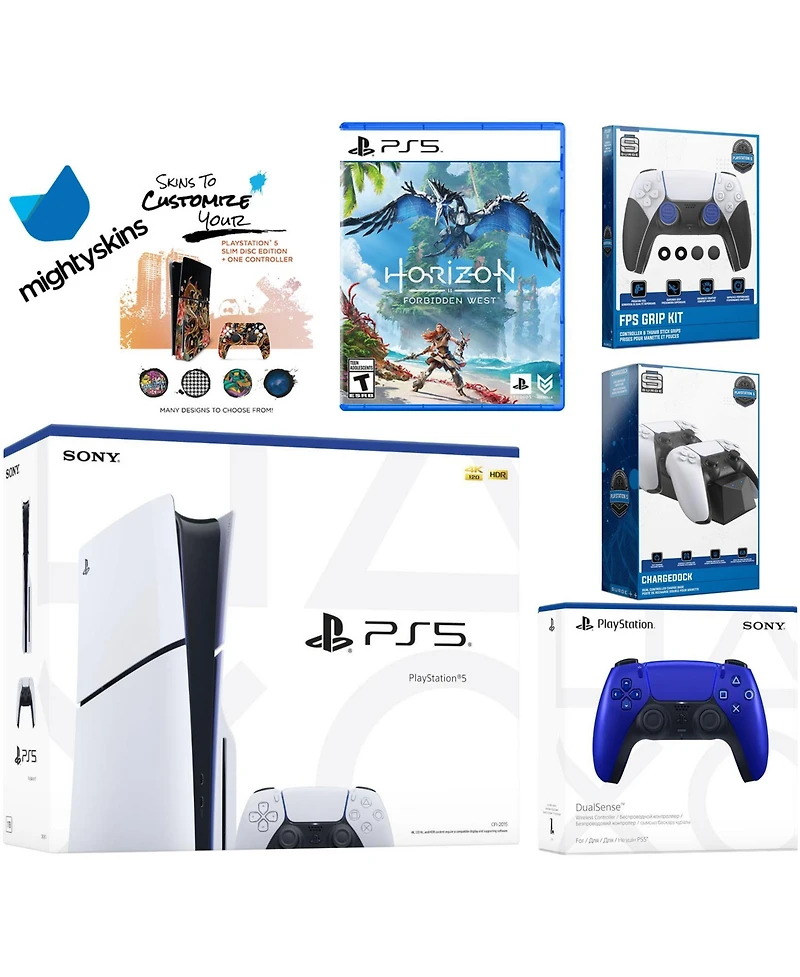 Sony Playstation 5 Slim Disc Bundle with Horizon Forbidden West, Extra Controller, Fps Grip Kit, Dual Charge Dock and MightySkins Decal Voucher
