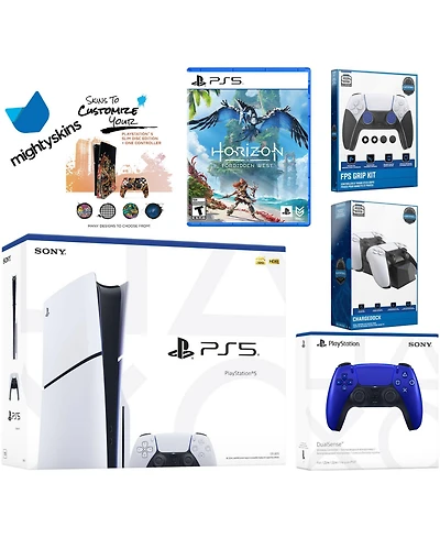 Sony Playstation 5 Slim Disc Bundle with Horizon Forbidden West, Extra Controller, Fps Grip Kit, Dual Charge Dock and MightySkins Decal Voucher