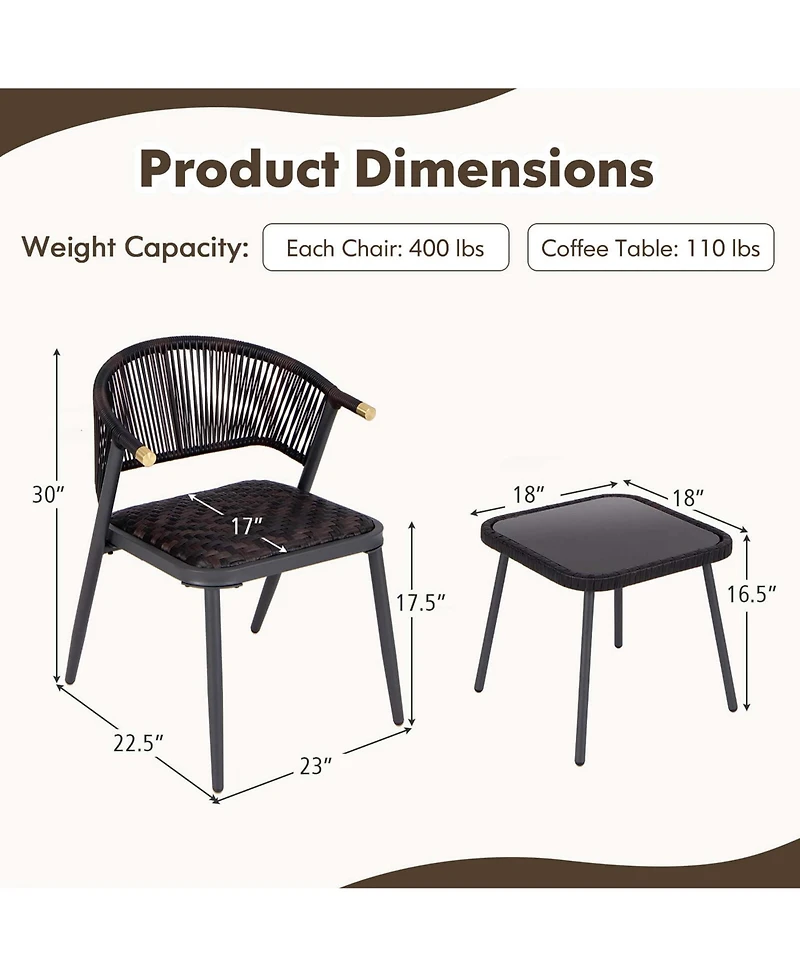 Gymax Set of 3 Rattan Furniture Set w/ Tempered Glass Tabletop Wicker Seat Patio