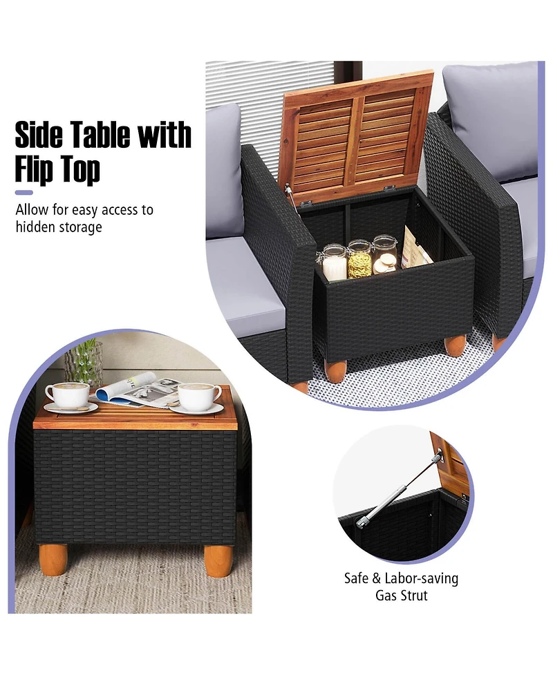 Gymax Set of 3 Rattan Furniture Set Patio Cushioned Sofa Storage Table w/ Wood Top