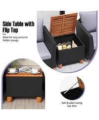 Gymax Set of 3 Rattan Furniture Set Patio Cushioned Sofa Storage Table w/ Wood Top