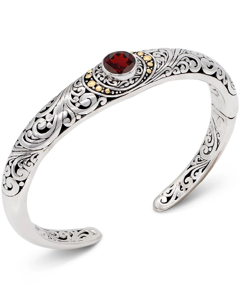 Devata Garnet & Bali Filigree Cuff Bracelet in Sterling Silver and 18K Gold Accents, Small