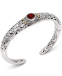 Devata Garnet & Bali Filigree Cuff Bracelet in Sterling Silver and 18K Gold Accents, Small