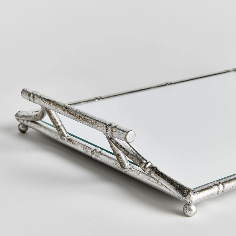 15.36" x 22.45" Daphne Mirrored Premium Silver Decorative Table Tabletop Tray w/ Raised Handles