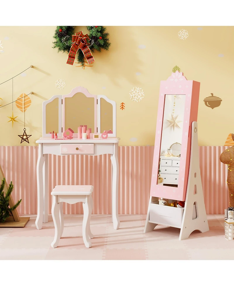 Kids Jewelry Cabinet with Full-Length Mirror and Foldable Drawer