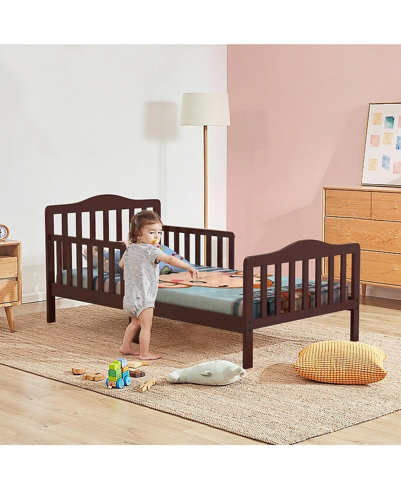 Classic Design Kids Wood Toddler Bed Frame with Two Side Safety Guardrails