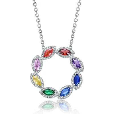 White Gold Plated with Multi-Colored Cubic Zirconia Round Petals Pendant Necklace