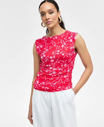I.n.c. International Concepts Women's Printed Ruched Mesh Top, Exclusively at Macy's