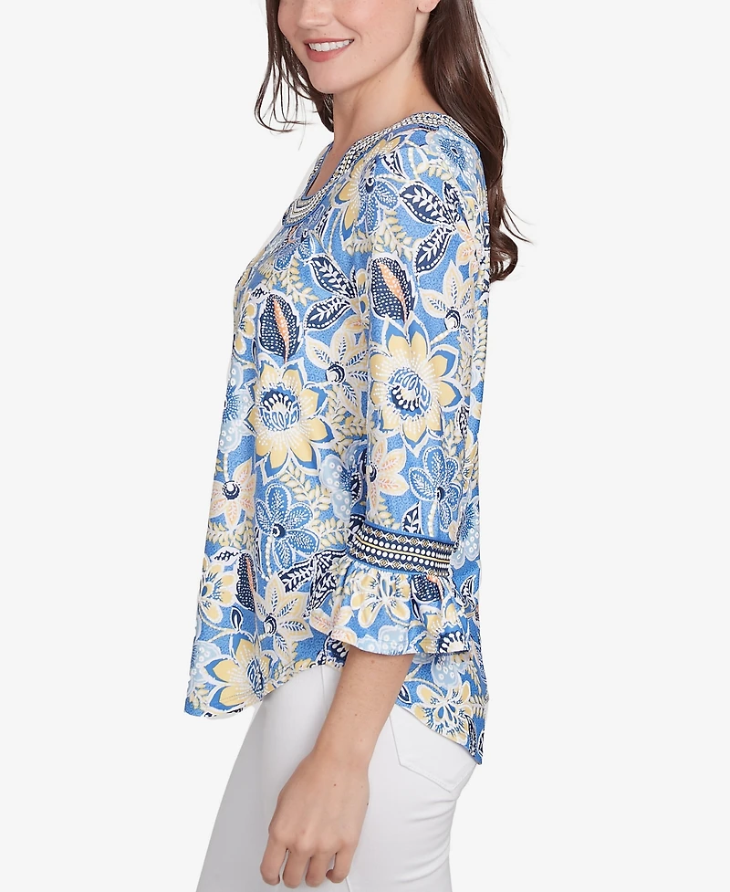 Ruby Rd. Petite Bohemian Floral Puff Print Crew Neck Top