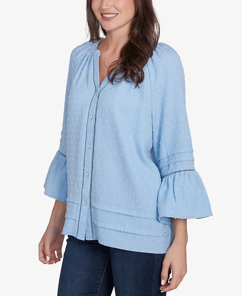 Ruby Rd. Petite Clip Dot Button Front Flared V-Neck Top