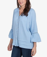 Ruby Rd. Petite Clip Dot Button Front Flared V-Neck Top