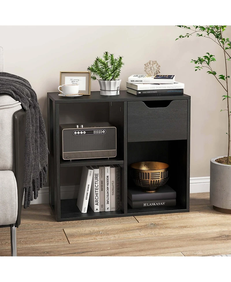 2 Pcs 3-Cube Bookcase Organizer with 2-tier Wooden Storage Shelf & Pull-out Drawer