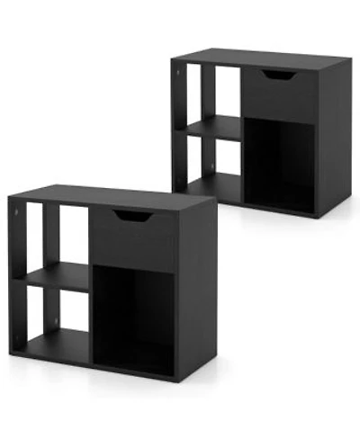Costway 2 Pcs 3 Cube Bookcase Organizer With 2 Tier Wooden Storage Shelf Pull Out Drawer