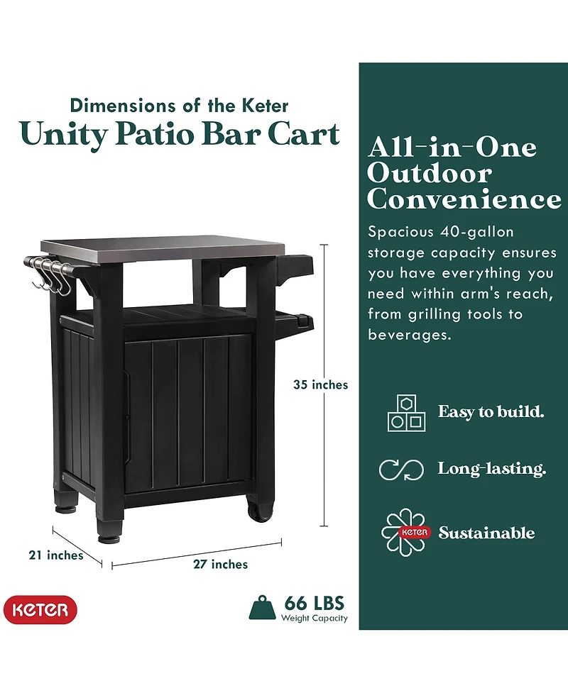 Keter Unity 40 Gal Patio Storage Grilling Bar Cart w/ Stainless Steel Top, Brown