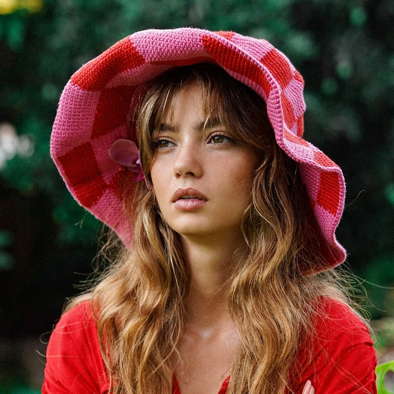 Brunna.co Shilo Checkered Crochet Hat In Red & Pink