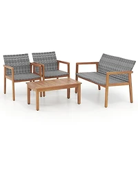 Gymax 4 Pieces Outdoor Furniture Set Acacia Wood Frame Sofa Set w/ Rattan Seat